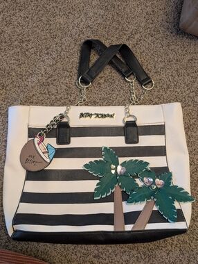 Betsey Johnson Black & White Striped Palm-Trim Tote